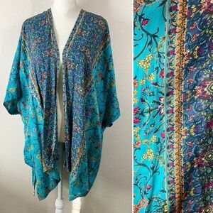 LOLA P Kimono Cardigan Top Mixed Floral Open Front OS Beach Cover-Up Resort Blue